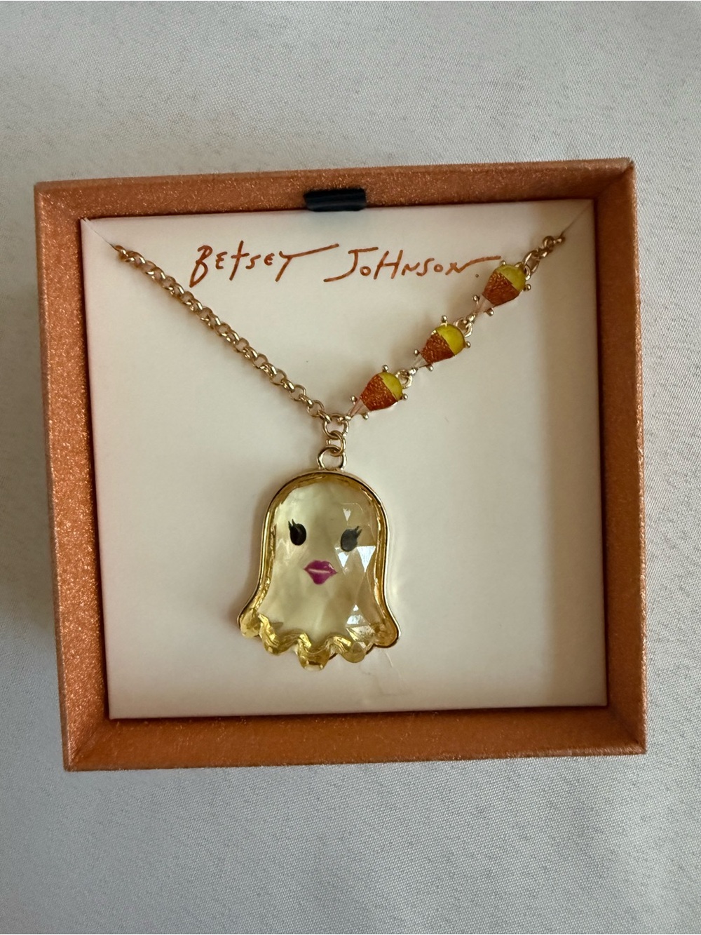 Betsey Johnson Halloween Ghost Pendant Necklace with Candy Corn Accents NIB